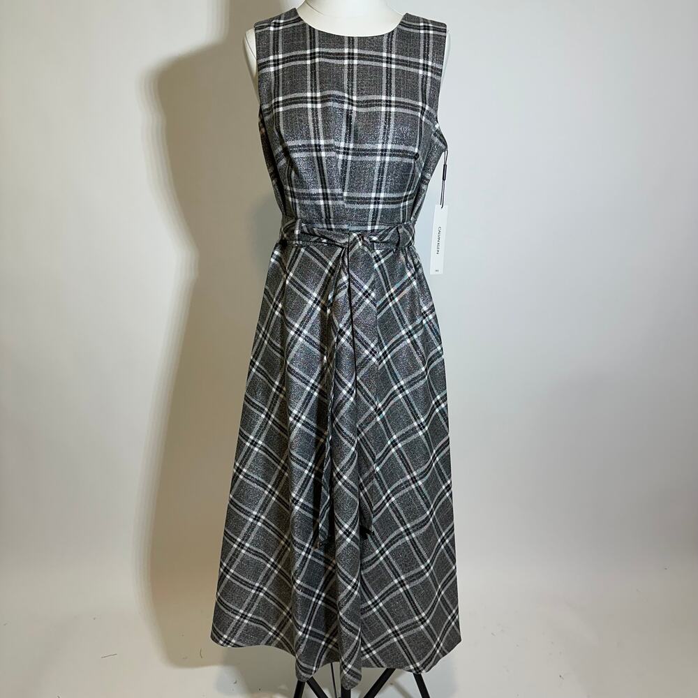 NWT Calvin Klein Gray Metallic Plaid Belted Sleeveless Midi Dress Womens Size 10